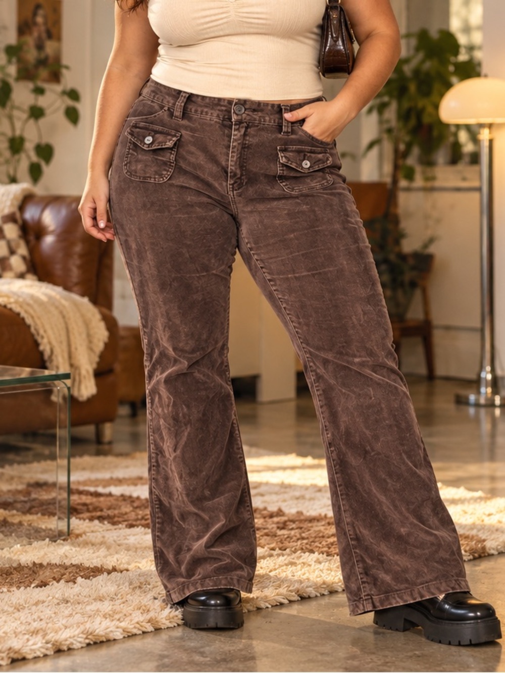 Vintage Y2K 725 Originals Brown Velvet Flare Pocket Pants Size 15 Western Boho